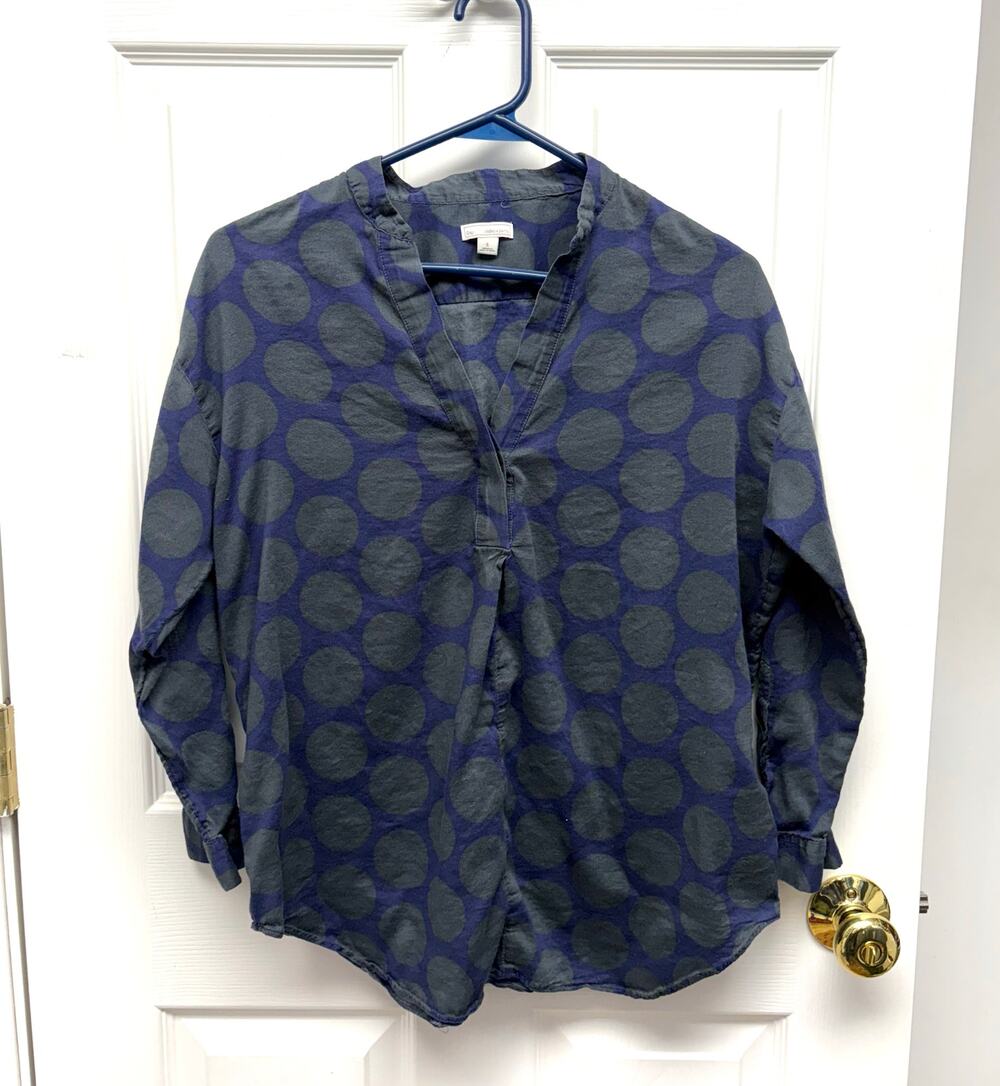 Gap Blouse Navy Blue Green Circle Blouse Henley 3/4 Sleeves, Women's Size S